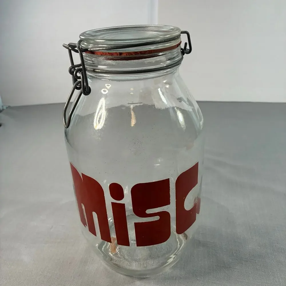 Vintage 3L Glass Storage Jar Clamp Lid Red Retro Graphic Kitchen Canister 11 In